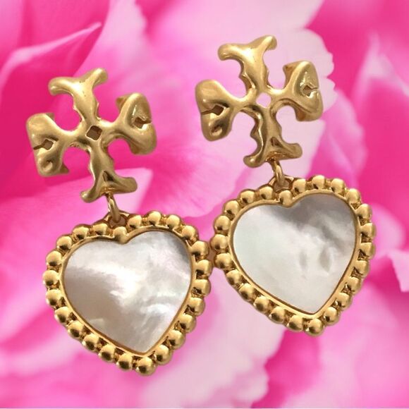 TORY BURCH ROXANNE MOTHER OF PEARL HEART DANGLE EARRINGS - Picture 4 of 4